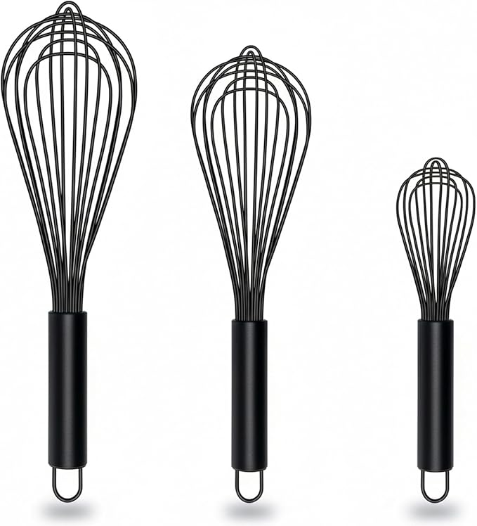 TEEVEA Silicone Whisk Set of 3 Non Scratch Non Stick Silicone Coated Stainless Steel Wire Whisks Heat Resistant 480°F Kitchen Wisk for Cooking Blending Whisking Tool Black