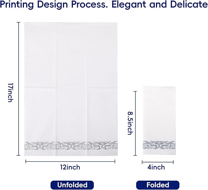 200 Disposable Hand Towels Soft and Absorbent Linen Feel Dinner Napkin Durable Decorative Bathroom Hand Napkins Good for Kitchen, Parties, Weddings, Dinners or Events White and Silver