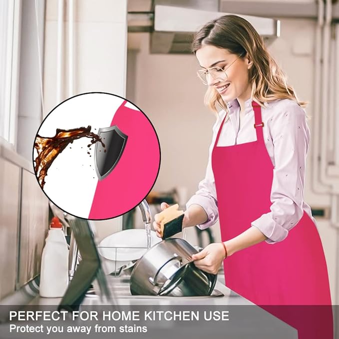 Jubatus 2 Pack 100% Cotton Aprons with 2 Pockets Cooking Chef Kitchen Adjustable Bib Apron for Women Men, Hot Pink