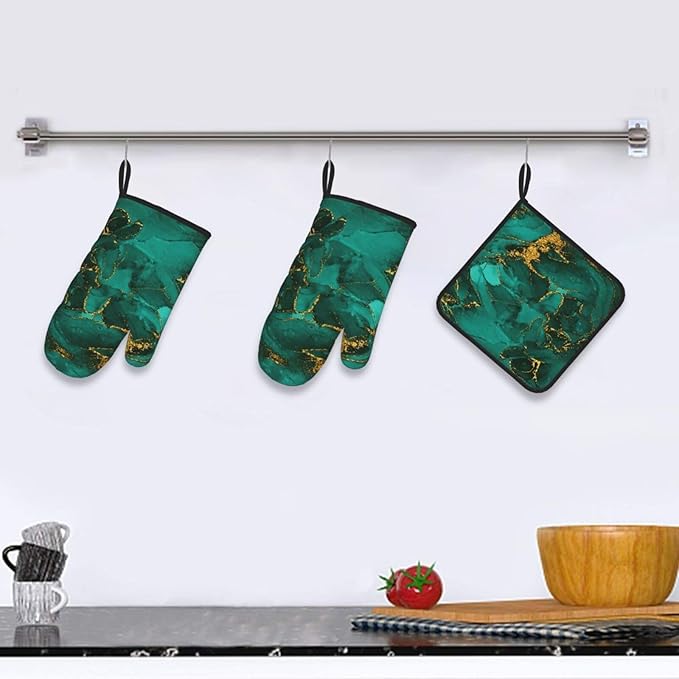 Turquoise Marble Oven Mitts and Pot Holders Sets of 3 Emerald Dark Green Hot Pads Heat Resistant Non Slip Washable for Cooking Grilling Baking BBQ Kitchen Decor