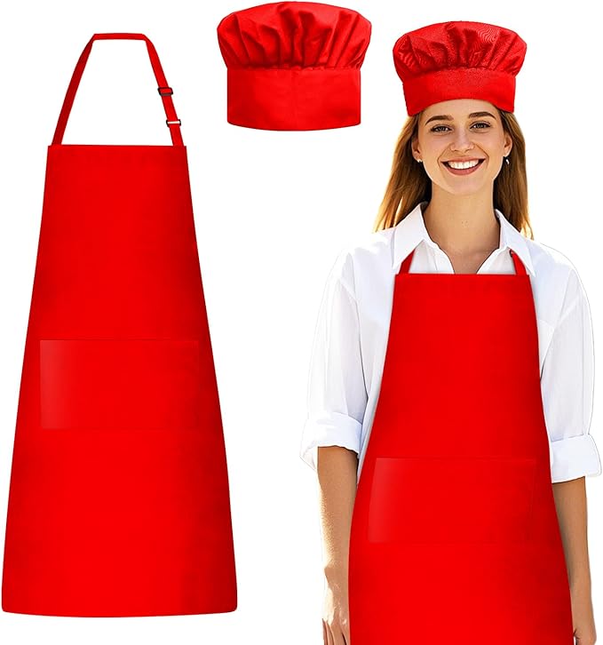 Chef Apron and Hat Set, Chef Hat and Kitchen Apron with Front Pockets for Adult