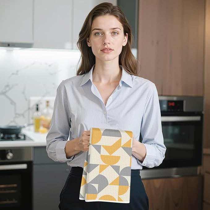 4 Pcs Abstract Artistic Kitchen Towels, Yellow Flower Soft Absorbent Tea Hand Towel, Microfiber Dish Cloths for Drying Dishes, Waffle Dish Towels for Kitchen Bathroom Home Decor for Women Mom