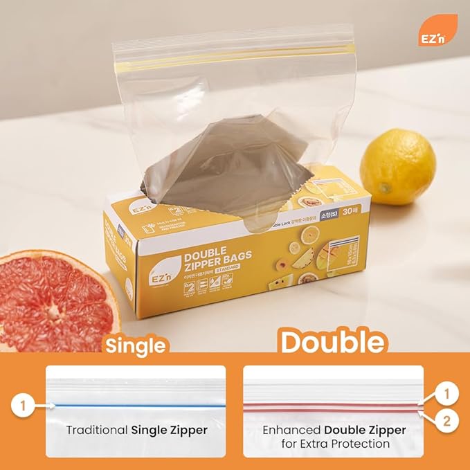 EZ'n Standard Double Zipper Food Storage Bags – Variety Pack, S,M,L Size, Durable, BPA-Free, Leakproof & Freezer Safe Resealable Plastic Bags - Made in Korea