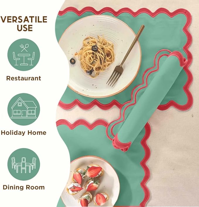 Folkulture Placemats Set of 4 (13 x 19) | 100% Cotton, Cute, Heat Resistant,Machine Washable Scalloped Place Mats | Green & Red Rectangular Cloth Table Placemats or Dining Table Mats for Dinner Party