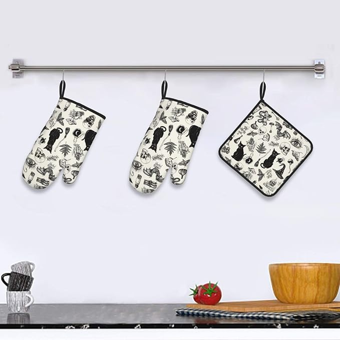 Witch Gothic Pot Holders and Oven Mitts Set, Witchy Wicca Black Cat Skull Kitchen Oven Gloves Hot Pads, Halloween Goth Kitchen Mitts for Cooking Baking Grilling BBQ, Gothic Witchy Gifts for Women