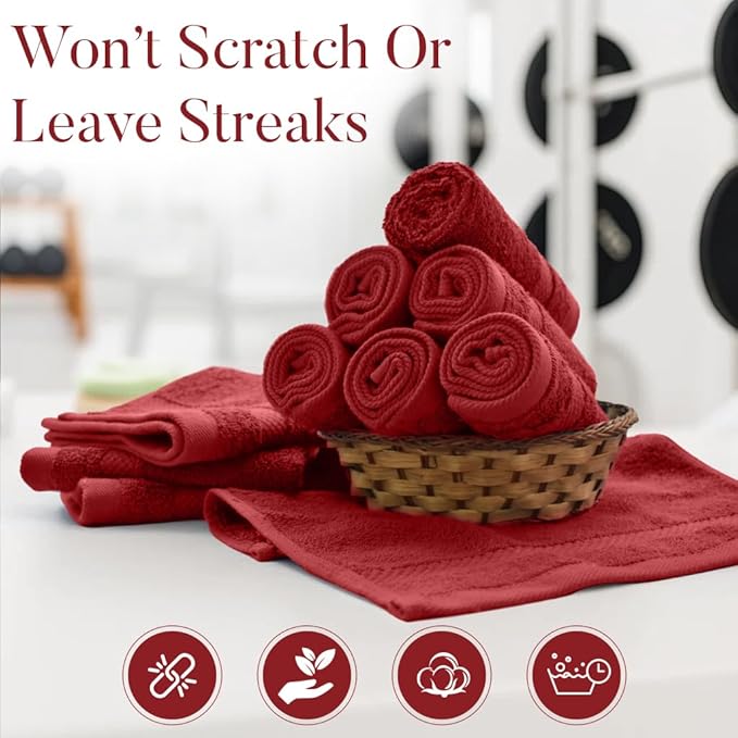 DAN RIVER 12-Pack Premium 100% Cotton Red Face Towels for Bathroom - Reusable Face Wash Cloths for Showering 12x12 Inches - 550 GSM Super Soft & Absorbent Luxury WashCloths for Body, Spa & Gym