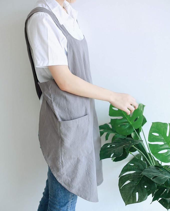 NEWGEM Japanese Cotton Linen Cross Back Cooking Apron for Women Men with Pockets Cute for Baking Kitchen