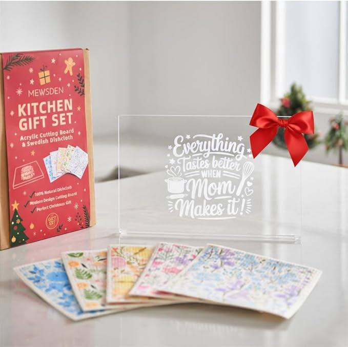 Mom Gifts Set from Daughter Son - Engraved Acrylic Cutting Board with 5-pack Floral Swedish Dishcloth Cooking Gift for Mom Mother Birthday Present Aesthetic Kitchen Decor