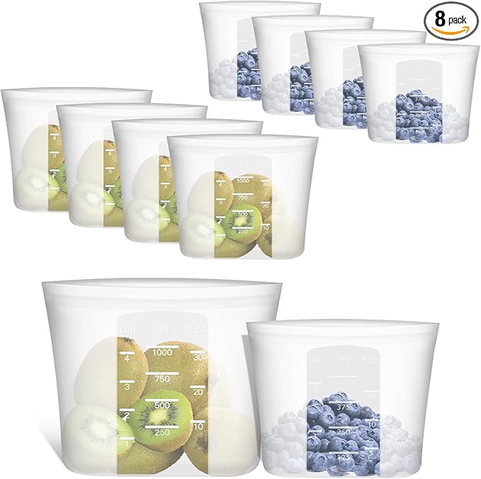 Reusable Sandwich & Snack Bags, 8 Pack 100% Silicone Stand Up Zip Lock Food Storage Bags for Food Container, Freezer Microwave Oven Dishwasher Safe, 4 Small 4 Extra Small, Translucent