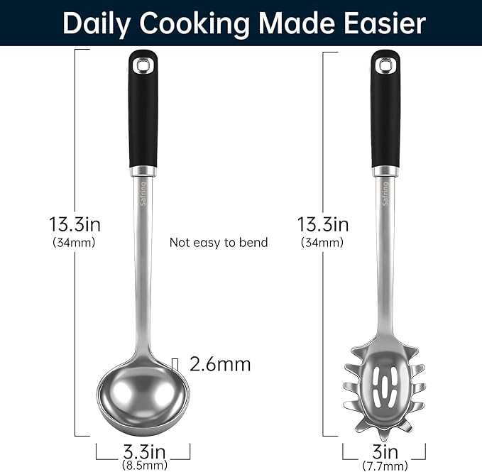 Safring Stainless Steel Soup Ladle and Spaghetti Spoon Set, Heat Resistant Rubber Handle, Dishwasher Safe, Kitchen Utensils for Cooking, Stirring, Serving Pasta, Soup & Sauce