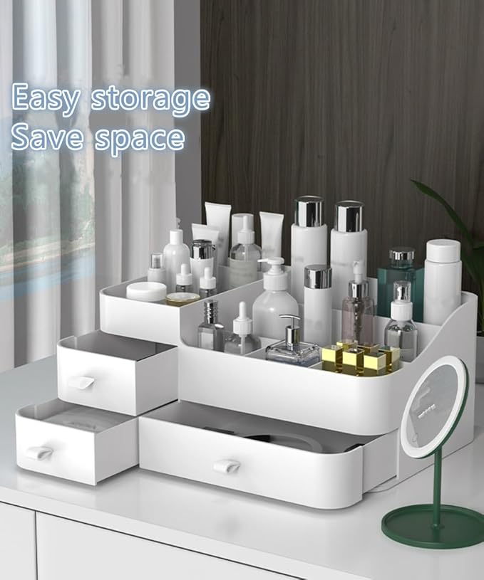 MIUOPUR White Makeup Organizer for Vanity, with 3 Drawers, Large Capacity, Ideal for Make up, Cosmetic, Skin care, Suitable for Bathroom Counter, Dressers, Desk