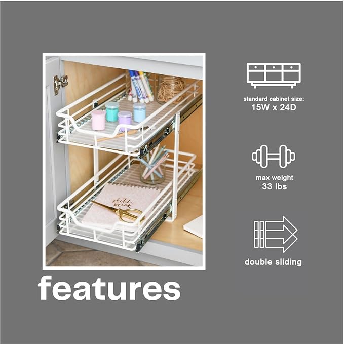 Household Essentials Glidez Multipurpose Powder-Coated Steel Pull-Out/Slide-Out Storage Organizer with Plastic Liners 2-Tier Dual-Slide Design, White