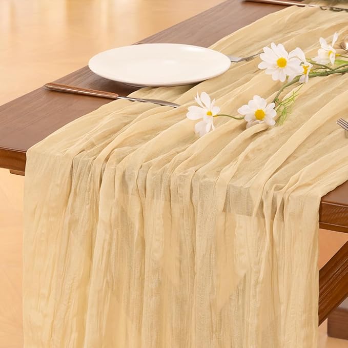 Socomi 6pcs Gold Champagne Cheesecloth Table Runner Easter Spring Boho Rustic Gauze 120 inch 10FT Cheese Cloth Runner for Wedding Party Baby Shower Birthday Home Decor Holiday Decorations