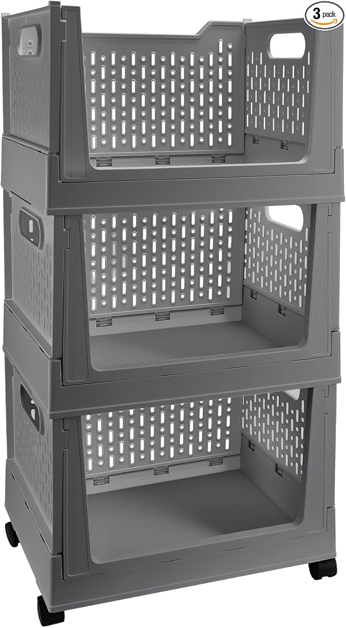 Stackable Plastic Storage Bins, 3 Pack Foldable Closet Organizers and Storage Basket with Wheels, Collapsible Drawer Shelf Storage Box Container for Office Bedroom Closet Wardrobe Kitchen Bathroom