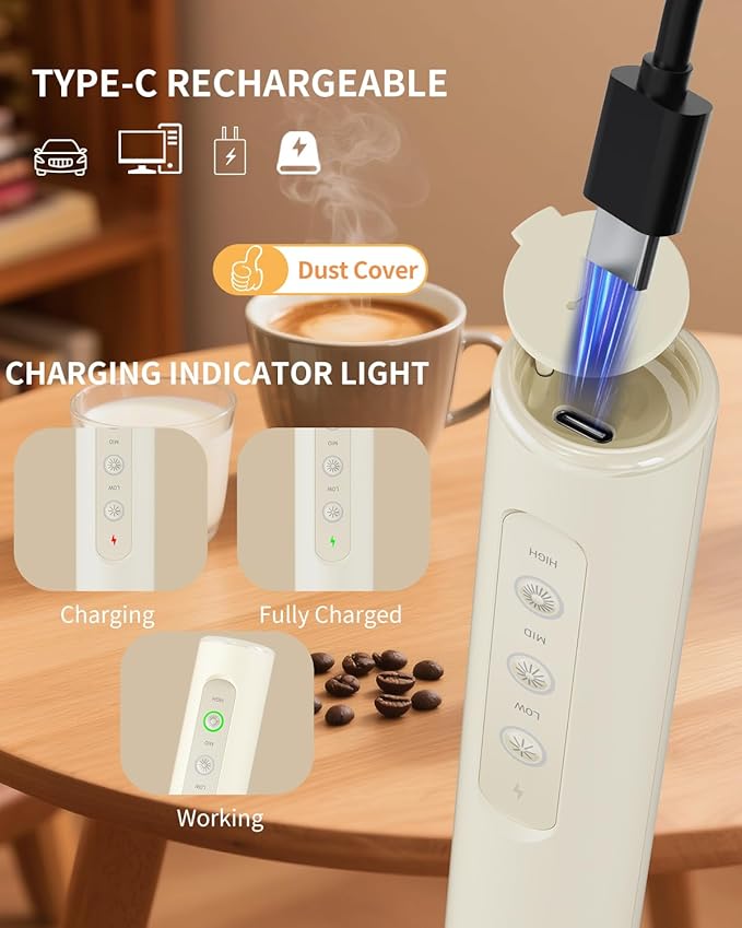 CIRCLE JOY Rechargeable Handheld Milk Frother Wand with 3 Variable Speeds, 3 Whisks and Storage Box, Electric Drink Mixer for Latte, Cappuccino, Hot Chocolate, Eggs and Protein Powder, Beige