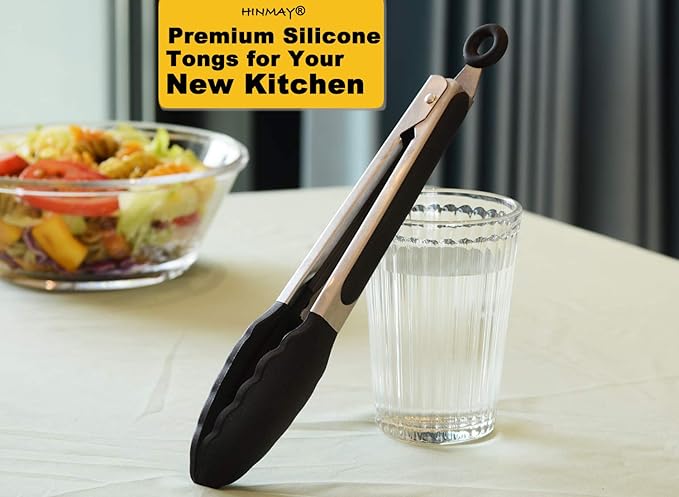 HINMAY Serving Tongs 9-Inch Cooking Tongs with Silicone Tips, Set of 3 (Black)