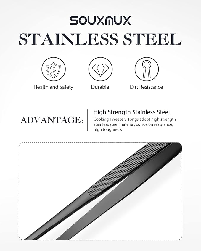 SouxMux 12-inch Cooking Tweezer and Offset Tweezer Set, Tongs with Serrated Tips, Stainless Steel, Black, 2pcs