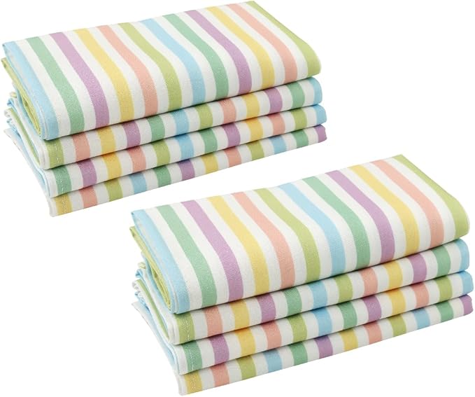 Cloth Napkins with Rings, Set of 12, 6 Stripe Napkins, 6 Wooden Napkin Rings in Buuny Shape, Easter and Spring Table Decorations,Washable Cloth Napkins,Iron Free,Easy Care, Durable,Reusable.
