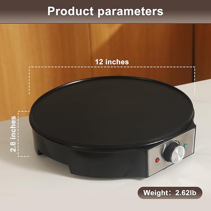 UVFAST Electric Crepe Maker 12'' & Griddle - Non-Stick Pan With Spreader for Roti, Tortilla, Blintzes, Pancakes - Adjustable Temperature, 1000W