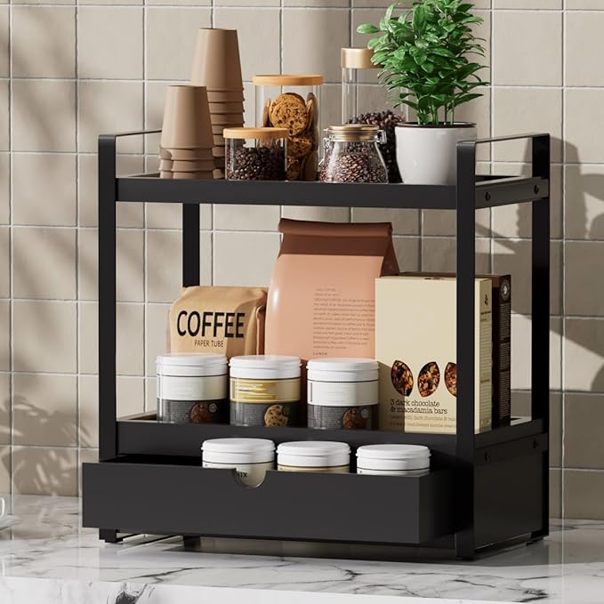 Boulphia 2-Tier Bathroom Organizer Countertop with Drawer, Wood Bathroom Counter Shelf for Storage, Vanity Organizer Countertop for Kitchen, Office