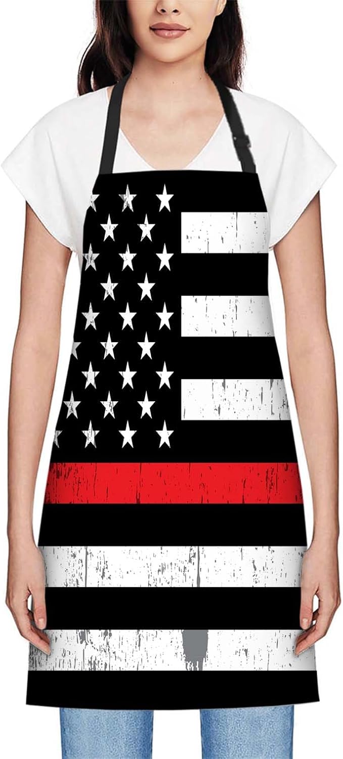 oFloral Fire Fighter Thin Red Line Flag Apron Adjustable Apron Cooking Kitchen Chef Women Men Aprons for Home Kitchen, Restaurant, Coffee House, Baking Gardening BBQ