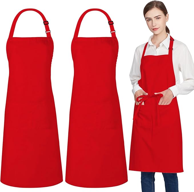 Jubatus 2 Pack 100% Cotton Aprons with 2 Pockets Cooking Chef Kitchen Adjustable Bib Apron for Women Men, Red