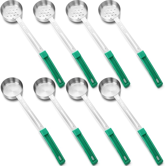 Teenyyou 8 Pcs Portion Control Serving Spoons Portion Scoops Cups Solid and Slotted Stainless Steel Ladle Spoon for Food, Serving Utensils Set for Parties(Green,4 oz)