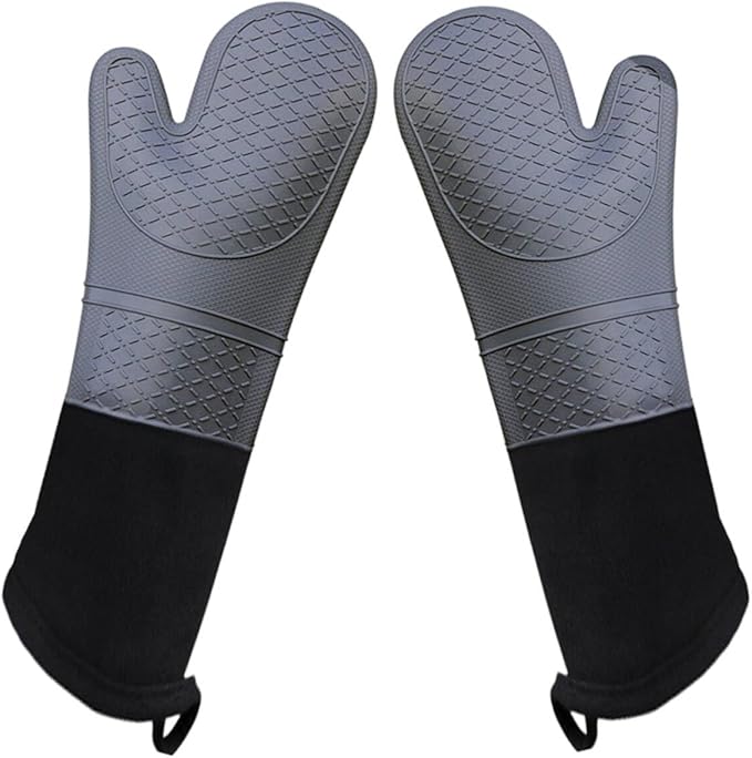 Linwnil Extra Long 19.5",Silicone Oven Mitts Heavy Duty Commercial Grade Oven Mitts Heat Resistant BBQ Gloves with Quilted Cotton Lining 2 Pack (Gray)