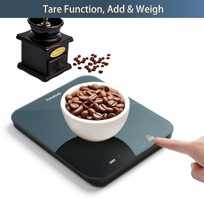 Homebuds Food Scale, 33lb/15kg Digital Kitchen Scale, Weight Grams and Ounces in 1g/0.1oz Precision for Baking and Cooking, LED Display, 3*AAA Batteries Included, Tempered Glass, Blue
