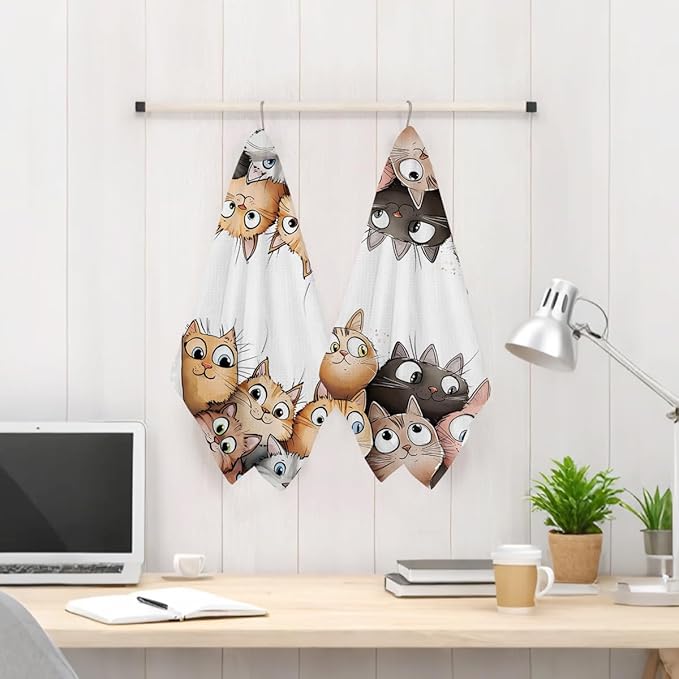 2 Pcs Cute Cat Kitchen Towels, Cats Soft Absorbent Hand Tea Towel, Microfiber Dish Cloths for Drying Dishes, Waffle Dish Towels for Kitchen Home Bathroom Decor, Cat Lover Gifts for Women Mom
