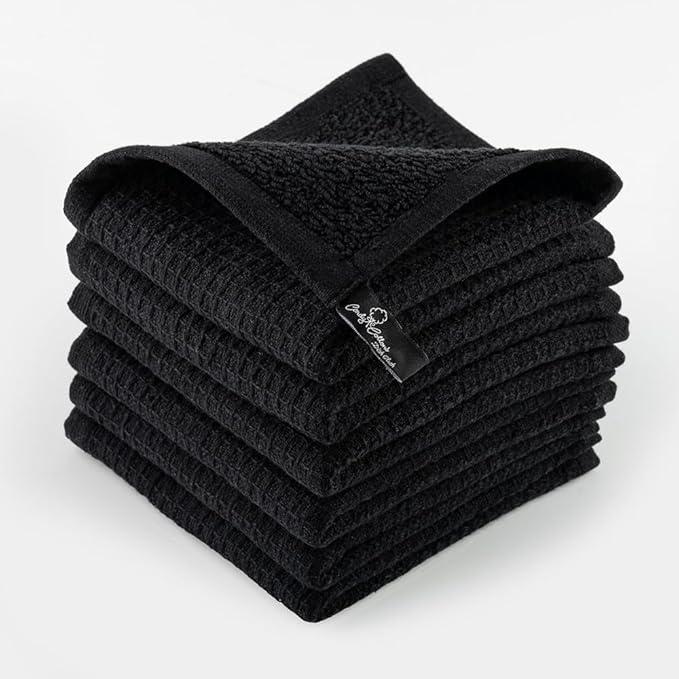Kitchen Cleaning Dish Wash Cloths Waffle Terry Design Kitchen DishCloths|Washable 12x12 Cotton Dish Rags for Drying Dishes|Counter Top Barista Dust Wipes|Spring Easter Basket Decor| 6 Pc Set-Black