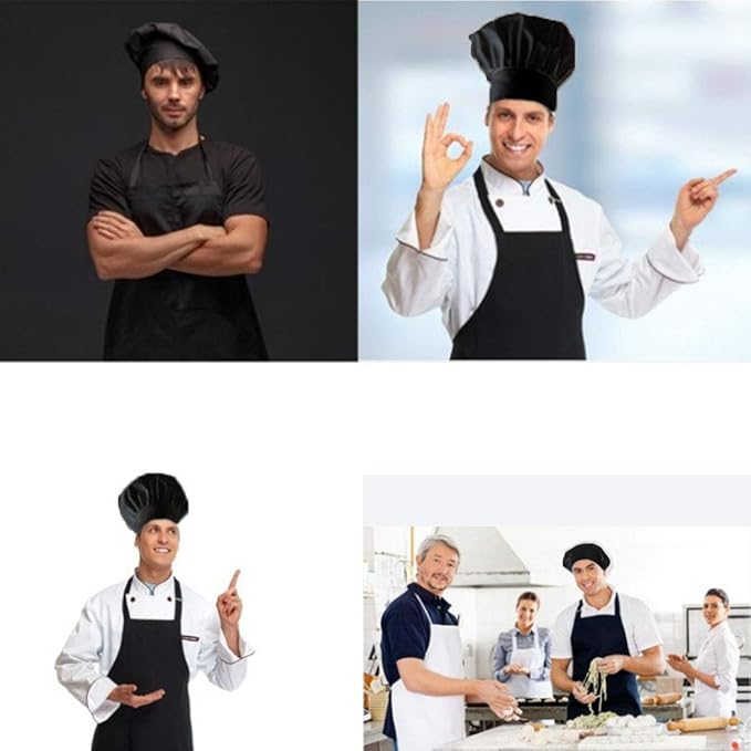 Black Chef Hat and Apron Set,Bib Apron in Big Size and Chef Hat, Bib Cooking Grilling BBQ Kitchen Chef Apron for Men Women Chef.(1set,Black)