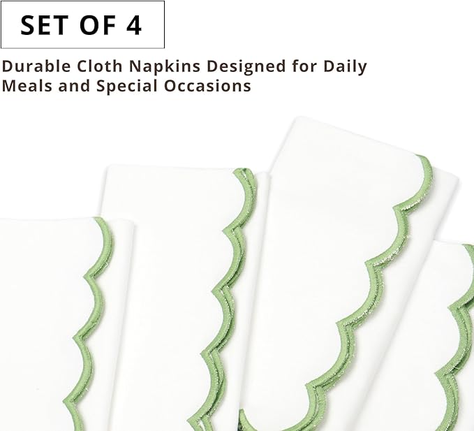 PurpleEssences Scalloped Embroidery Cloth Napkins - Spring Easter Summer - Table Decor - 100% Cotton - Set of 4-18x18 inch - White - Edges - Sage Green