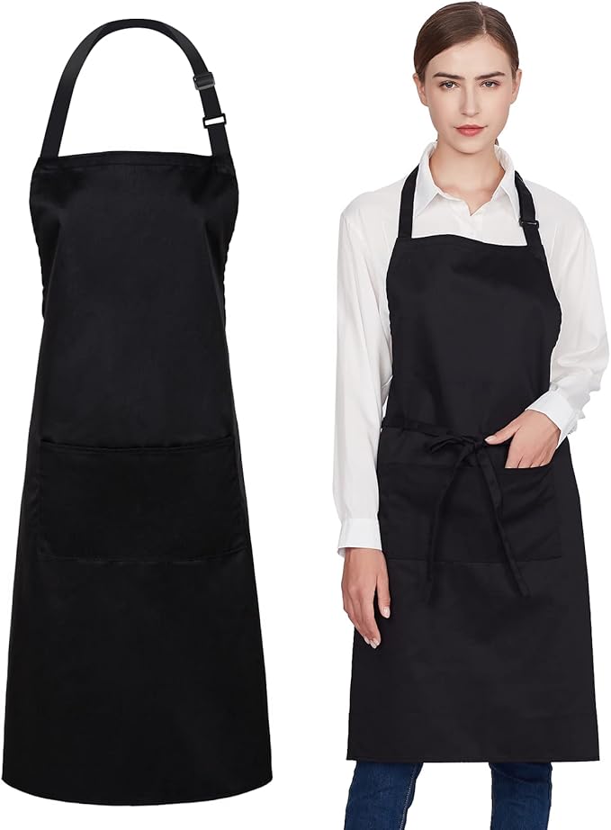 Jubatus 1 Pack 100% Cotton Aprons with 2 Pockets Cooking Chef Kitchen Adjustable Bib Apron for Women Men, Black
