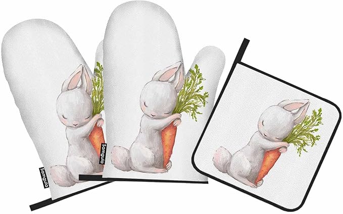 Cute Rabbit Oven Mitts and Pot Holders Sets Sleeping Hare with Carrot Heat Resistant 3pcs for Cooking Baking BBQ