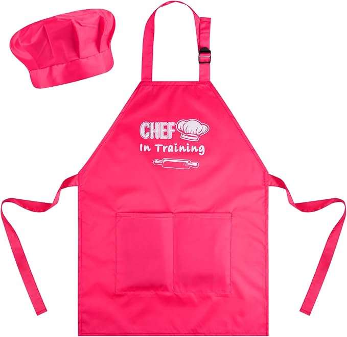 Kids Apron and Chef Hat Set Adjustable Child Aprons with 2 Large Pockets for Girls Boys Cooking Baking Painting Gift