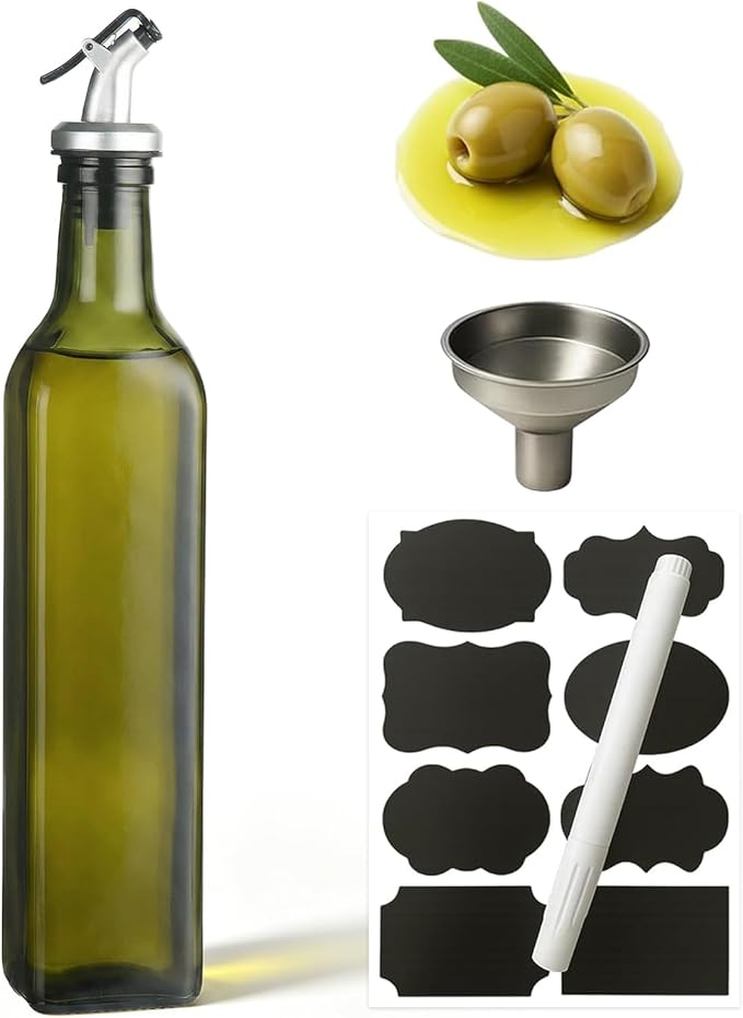 WERTIOO Green Olive Oil Dispenser Bottle,17oz Glass Oil and Vinegar Dispenser for Kitchen, 500ml Glass Bottles for Vinegar Oliveoil with Label and Funnel