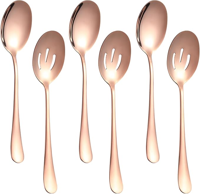 6 Pieces Serving Spoons Set, 8.7 Inch Serving Spoon, Includes 3 Serving Spoons and 3 Slotted Spoons, Stainless Steel Buffet Banquet Spoons, Large Spoons Utensils Cutlery Set for Kitchen, Rose Gold