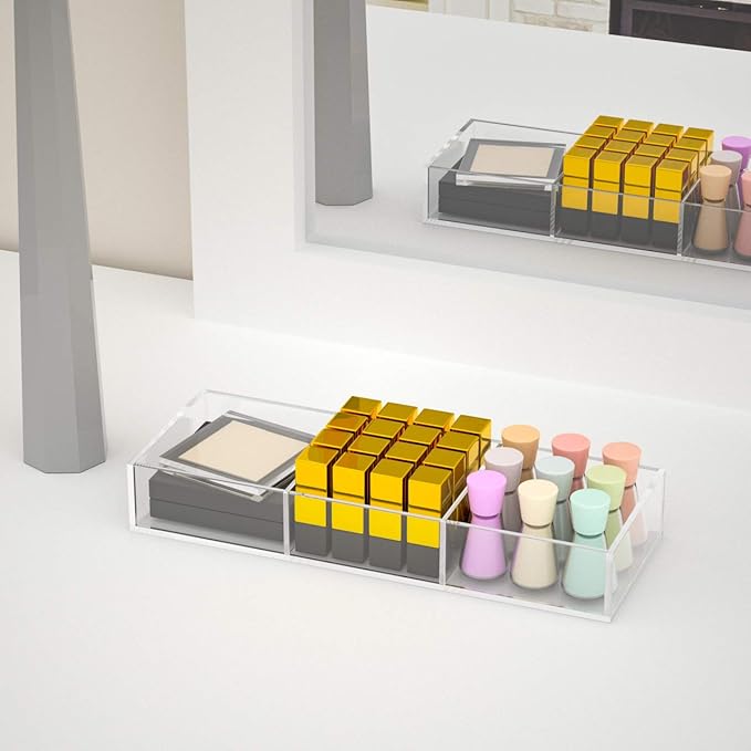 HIIMIEI 3 Section Clear Acrylic Drawer Organizer Tray, Office & Makeup Drawer Organizer (11.8x4.3 inch)