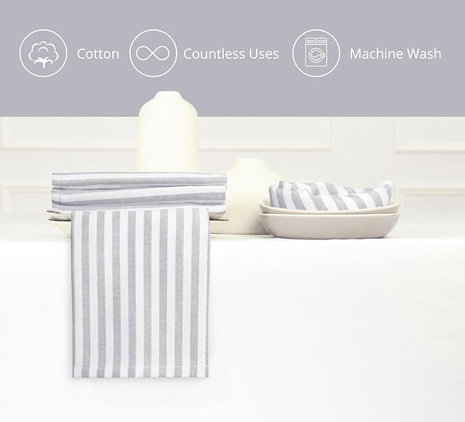 PurpleEssences Plain Striped Cloth Napkins - Set of 12-100% Cotton - 18 x 18 Inch - Spring Easter Summer and Perfect Everyday Use Dinner Napkin - Gray and White
