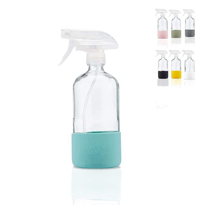 Clear Glass Spray Bottle with Silicone Sleeve for Cleaning Solutions, Essential Oils, Plants, Vinegar - 16 oz, Refillable, Food Safe (Ocean Turquoise)