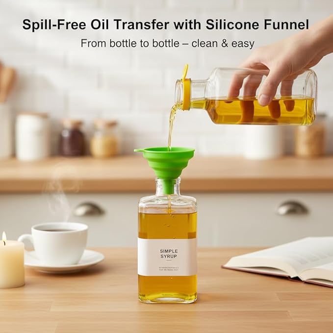 2pk gold oil dispensers: oils, soy, vinegar, syrup. Gold glass preserves, fits kitchens, countertop-ready. Stainless steel pourers: mess-free, versatile, space-saving.