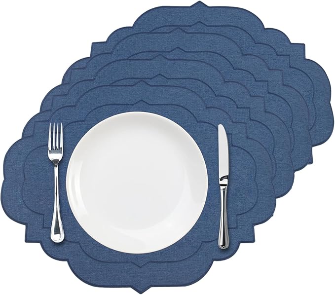 Cotton Linen Oval Placemats Set of 4, HADEEONG Table Mats Cloth Placemats, Washable Wrinkle Resistance, Scalloped & Embroidered Fabric Placemats, 17.71 x 13.77 inch (Navy Blue, 4)