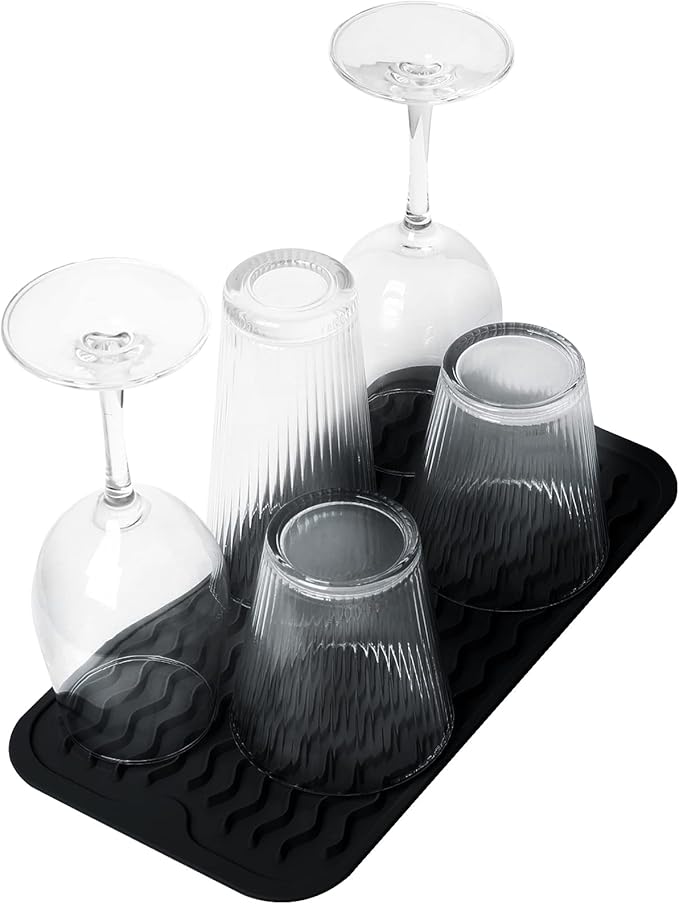 ZLR 2 Pcs Silicone Sponge Holder & Sink Caddy Tray (6" x 12") - Narrow Dish Drying Mat for Kitchen Counter - Waterproof Soap Dispenser Organizer, Non-Slip Bathroom Vanity Tray (Black)