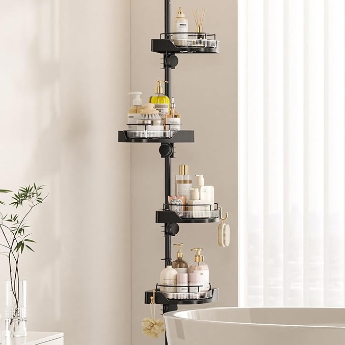 akinbas Shower Caddy Tension Pole with 4 L-Lazy Susan Organizer 360 Rotating 35-128 Inch No Drilling Floor Standing Shelves Adjustable Shower Rack for Bathroom Corner (Black)