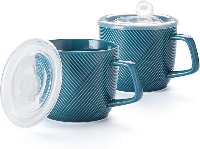 Ceramic Soup Bowl with Lid & Handle: 32 oz Microwave Safe Food Container for Ramen Noodles Cereal Leftovers - Extra Large Mugs for Breakfast Lunch Picnic Camping - Sky Blue, Set of 2