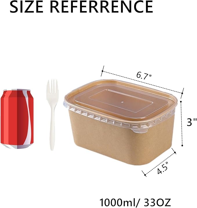 50 Pack Disposable Kraft Paper Bowls with Lids, 33 OZ Meal Prep Container, Microwave Freezer Safe Salad Bowls with Forks for Hot/Cold Food, Soup, Ice Cream, Takeout, Party Supplies