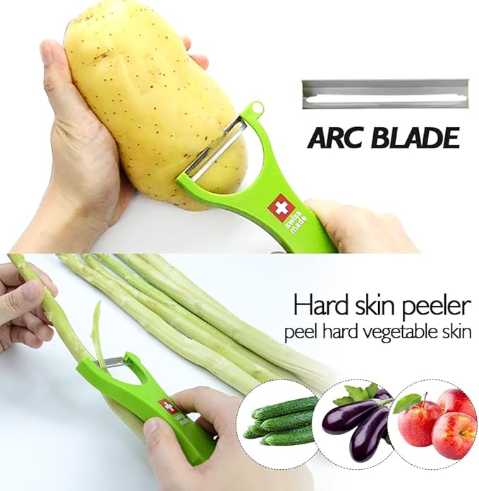 Swiss Peeler Vegetable & Potato Peelers for Kitchen, Original Swiss Made Ergonomic Kitchen Peelers for Effortless Prep - Pack of 3 (Green + Orange + Red)