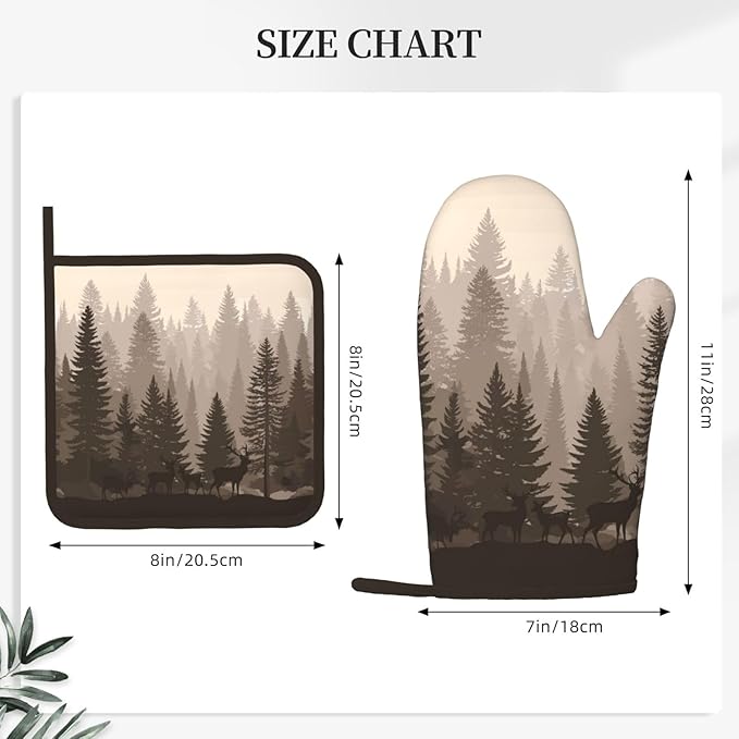 Deer Forest Pine Tree Oven Mitts and Pot Holders 4 pcs Set Silicone Deer Forest Pine Tree Kitchen Oven Mitt Gloves Pot Holders Non-Slip Heat Resistant Cooking Mitts Set for Baking BBQ