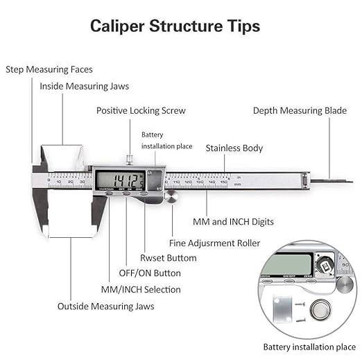 Digital Caliper, Caliper Measuring Tool with Stainless Steel, Electronic Micrometer Caliper with Large LCD Screen, Auto-Off Feature, Inch and Millimeter Conversion (6 Inch/150 mm)